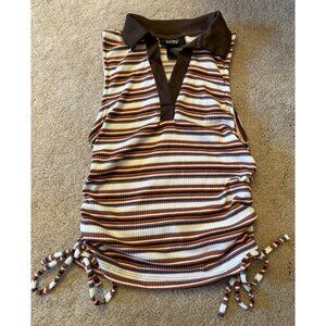 Just Polly Womens Collar V-Neck Side-String Tank Top Brown Sz S Brown/Tan Stripe